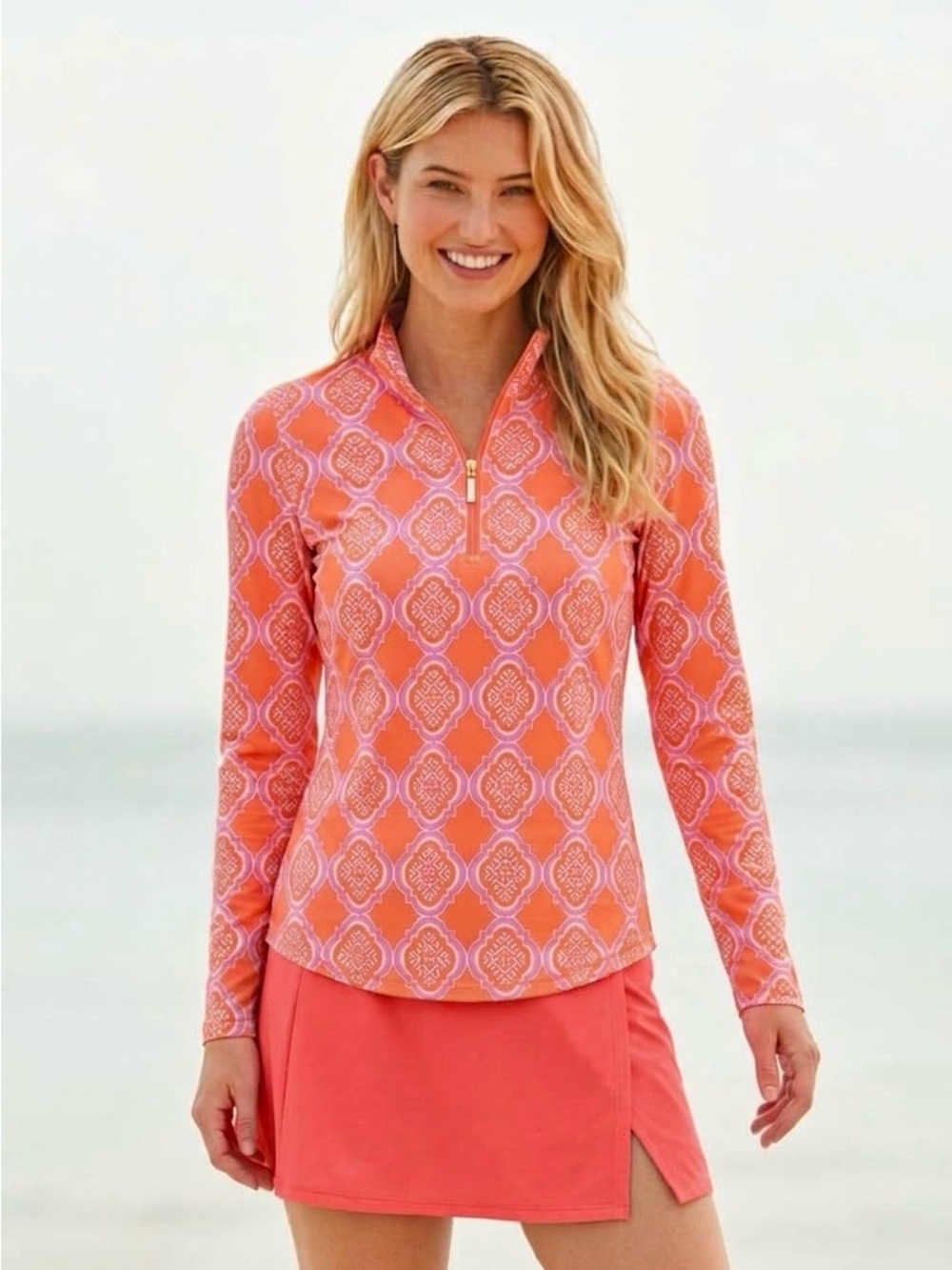 Cabana Life Defender Coral Geo 1/4 Zip 50+ UPF Top Womens Medium Pink Red